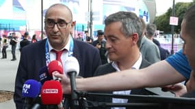 Laurent Nunez, le préfet de police de Paris, et Gérald Darmanin, ministre démissionnaire de l'Intérieur, le 24 juillet 2024 devant le Stade de France. 