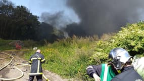 Une pelleteuse en feu sur la D925, le 23 août 2023, à Senneville-sur-Fécamp en Seine-Maritime.