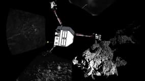 Croquis de l'atterrisseur Philae descendant vers la comète Tchouri, sur laquelle il s'est arrimé le 12 novembre 2014.