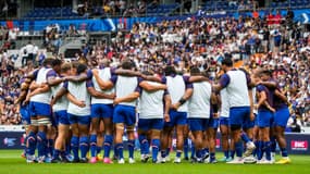 Les joueurs du XV de France à l'échauffement avant le match de préparation à la Coupe du monde face à l'Australie (41-17), le 27 août 2023