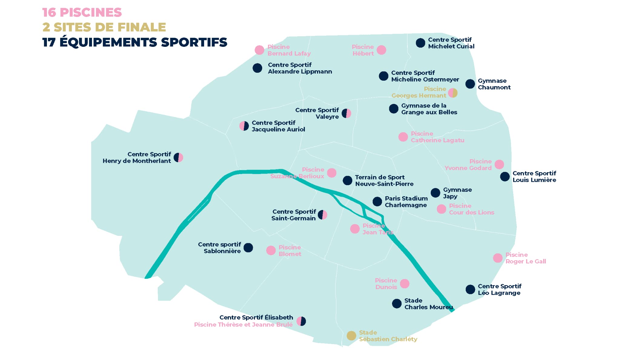 La carte des sites des olympiades d'arrondissement avant les JO de Paris 2024.