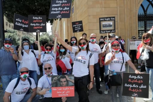 Des manifestants libanais vêtus de masques brandissent des pancartes lors d’une manifestation dans le centre de Beyrouth, le 6 juin 2020 Des manifestants libanais vêtus de masques brandissent des pancartes lors d’une manifestation dans le centre de Beyrouth, le 6 juin 2020