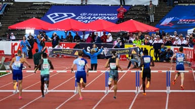 Des manifestants sur la ligne d'arrivée du 400 m haies masculin dans le cadre de la Diamond League