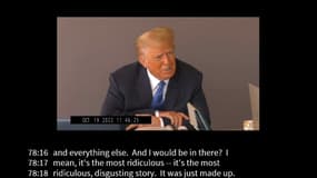 Image extraite de la vidéo d'une déposition de Donald Trump, montrée jeudi aux jurés du procès civil à New York où l'ancien président américain est accusé de viol par une autrice.