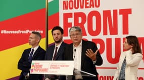 Les représentants du Nouveau Front populaire, de gauche à droite Ian Brossat (PCF), Alexandre Ouizille (PS), Eric Coquerel (LFI) et Eva Sas (EELV), le 21 juin 2024 à Paris