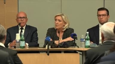 Marine Le Pen, Éric Ciotti et Jordan Bardella lors de la réunion de l'intergroupe RN-UDR le 14 octobre 2025
