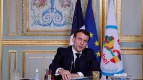 Emmanuel Macron lors d'une visio-conférence avec les pays du G5 Sahel, le 16 février 2021, à l'Elysée.