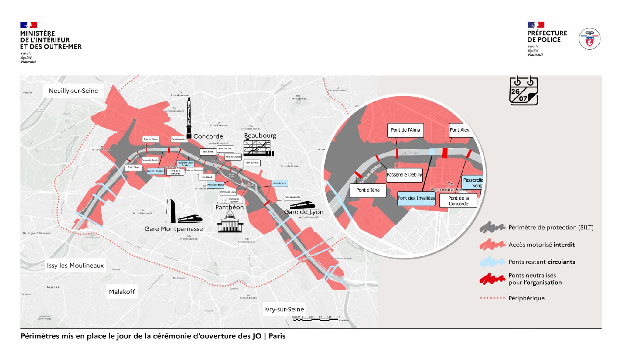Périmètres mis en place le jour de la cérémonie d'ouverture des JO de Paris 2024, le 26 juillet prochain à partir de 13 heures. Périmètres mis en place le jour de la cérémonie d'ouverture des JO de Paris 2024, le 26 juillet prochain à partir de 13 heures.