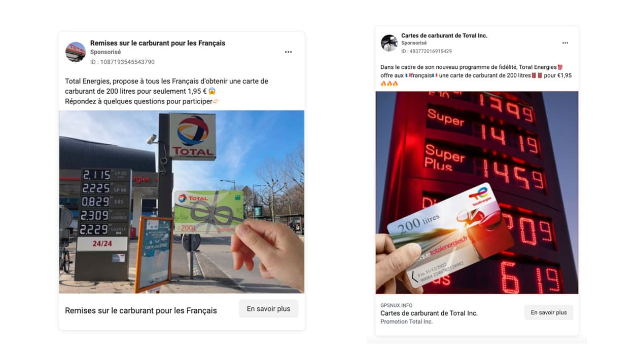 Les publicités pour les arnaques à la carte carburant diffusée par Facebook Les publicités pour les arnaques à la carte carburant diffusée par Facebook