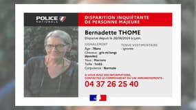 Un appel à témoins lancé par la police nationale du Rhône le lundi 26 août 2024 après la disparition inquiétante de Bernadette Thome à Lyon.