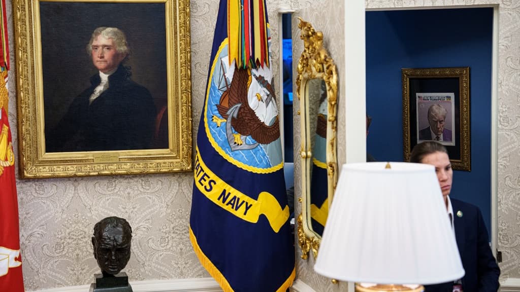 Le "mugshot" de Donald Trump dans un couloir de la Maison Blanche - Février 2025