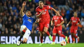 L'Olympique lyonnais avec Islam Slimani en pointe a dominé les Rangers de Glasgow, à Ibrox Park, le 16 septembre 2021  