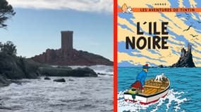 L’île d’or à Saint-Raphaël (à g.à) et la couverture du 7e tome de Tintin, "L'Île Noire" (à d.).