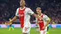 La joie de l'attaquant ivoirien de l'Ajax Amsterdam, Sebastien Haller, après avoir marqué le 4e but contre le Borussia Dortmund, lors de leur match de poules de la Ligue des Champions, le 19 octobre 2021 à Amsterdam