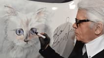 Karl Lagerfeld en train de dessiner son chat Choupette.