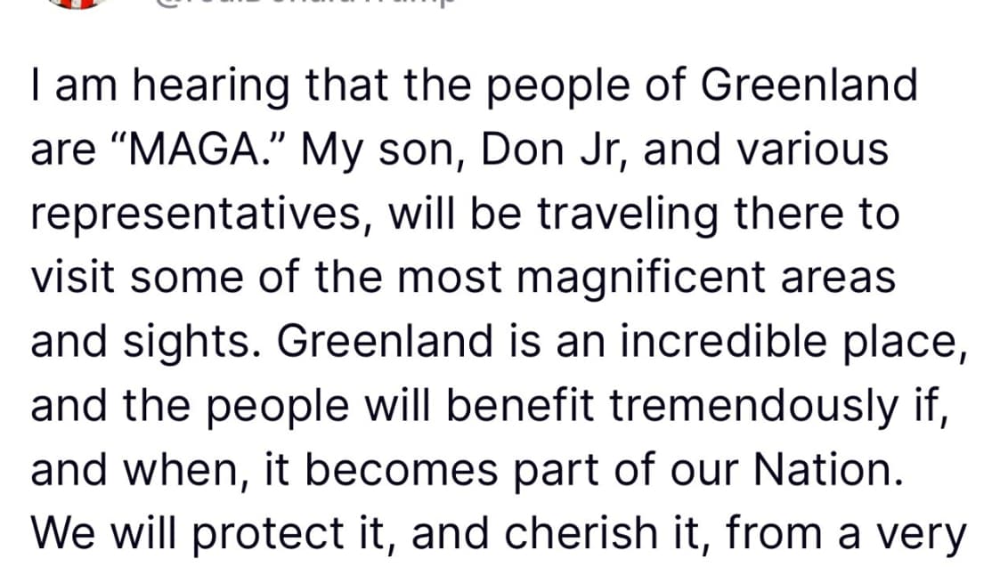 Le message de Donald Trump sur le réseau social Truth dans lequel il annonce une visite de son fils au Groenland, le 6 janvier 2025