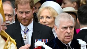 Le prince Harry, duc de Sussex , et le prince Andrew, duc d'York quittent l'abbaye de Westminster après avoir assisté au couronnement du roi Charles III et de la reine consort Camilla, le 6 mai 2023.