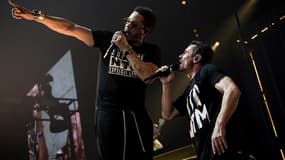 JoeyStarr et Kool Shen sur la scène de Bercy, le 8 mars 2018.