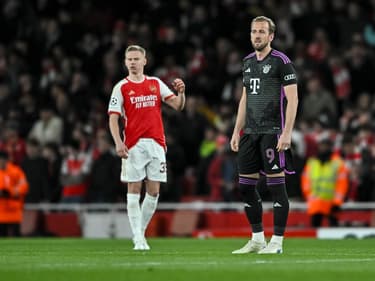 Oleksandr Zintchenko et Harry Kane lors du quart de finale aller de Ligue des champions Arsenal-Bayern, 9 avril 2024