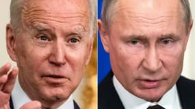 Combinaison de photos du président américain Joe Biden (g) le 17 mars 2021 à la Maison Blanche à Washington, et du président russe Vladimir Poutine (d), le 5 mars 2020 au Kremlin à Moscou
