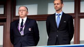 Jean-Michel Aulas, président de Lyon (à gauche) et Aleksander Ceferin, président de l'UEFA (à droite)