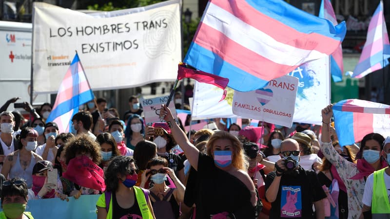 Des manifestants pour la défense des droits des personnes transgenres à Madrid (Espagne), le 4 juillet 2020.
