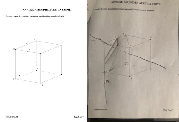 A gauche, le sujet distribué le jour du bac de mathématiques de S, à droite le sujet avec un corrigé à la main, ayant apparemment fuité sur le site TI Planet A gauche, le sujet distribué le jour du bac de mathématiques de S, à droite le sujet avec un corrigé à la main, ayant apparemment fuité sur le site TI Planet