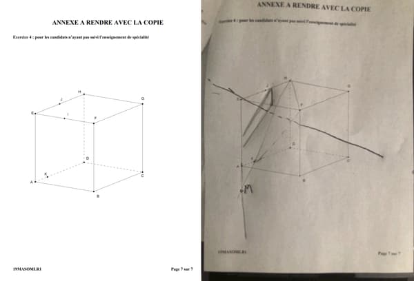 A gauche, le sujet distribué le jour du bac de mathématiques de S, à droite le sujet avec un corrigé à la main, ayant apparemment fuité sur le site TI Planet