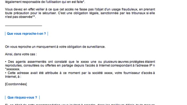 Le mail type envoyé par l’Hadopi aux "pirates" Le mail type envoyé par l’Hadopi aux "pirates"