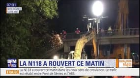 N118: la passerelle endommagée a été découpée par tronçons, les travaux ont duré une partie de la nuit