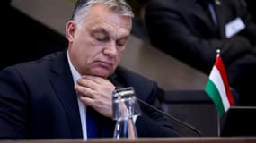 Le Premier ministre hongrois Viktor Orban assiste à un sommet de l'Otan par visioconférence sur l'invasion de l'Ukraine par la Russie au siège de l'Otan à Bruxelles, le 25 février 2022