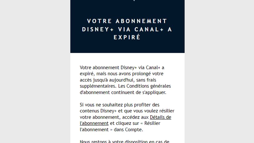 Le mail de Disney+ envoyé aux abonnés Canal+