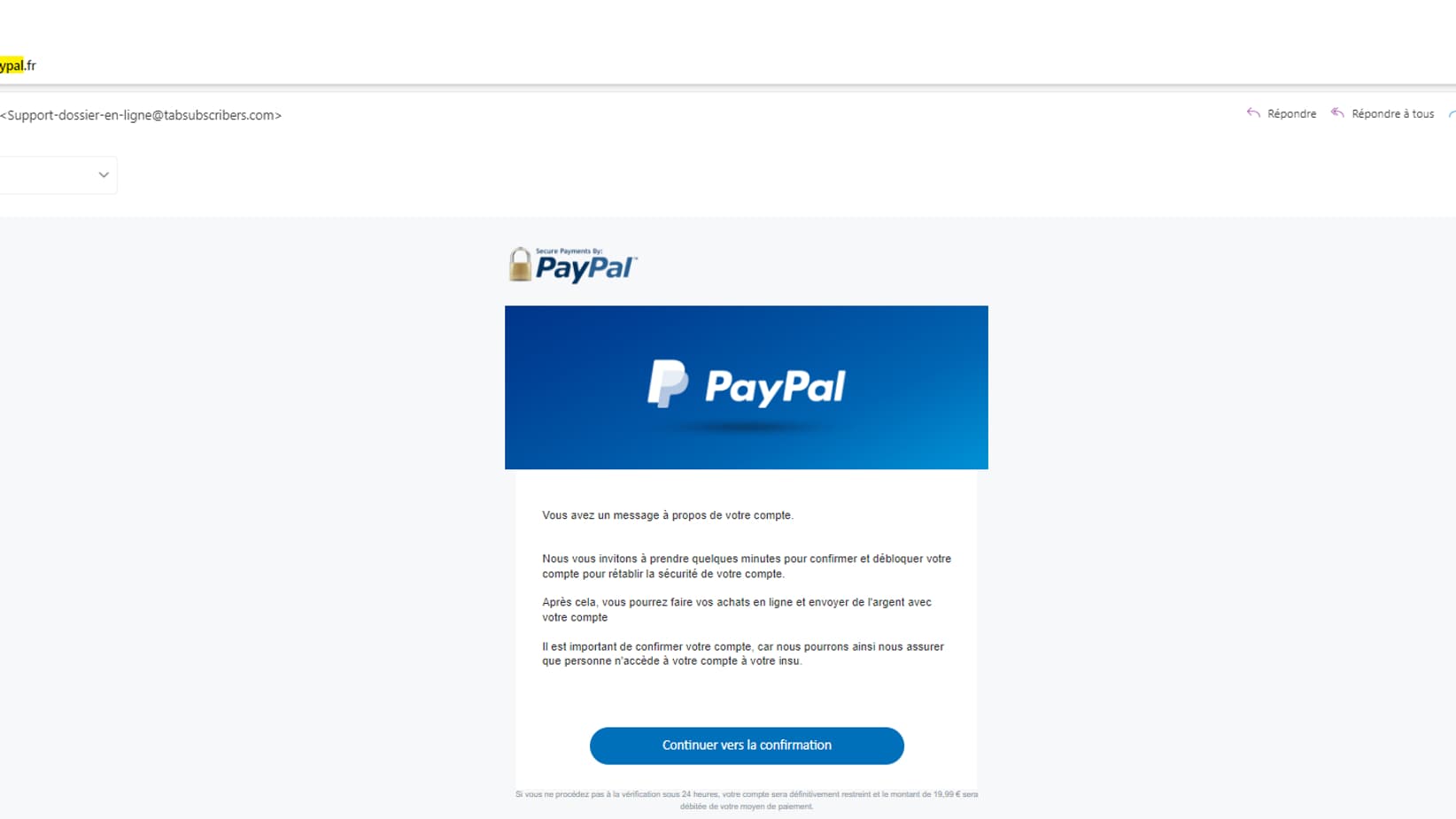 Un exemple d'arnaque Paypal, reçu par e-mail Un exemple d'arnaque Paypal, reçu par e-mail