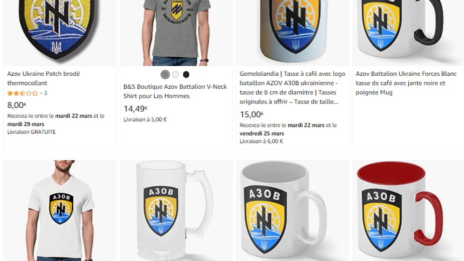 Résultats proposés par Amazon.fr lors de la recherche du mot "Azov", le 14 mars 2022 à 10h Résultats proposés par Amazon.fr lors de la recherche du mot "Azov", le 14 mars 2022 à 10h