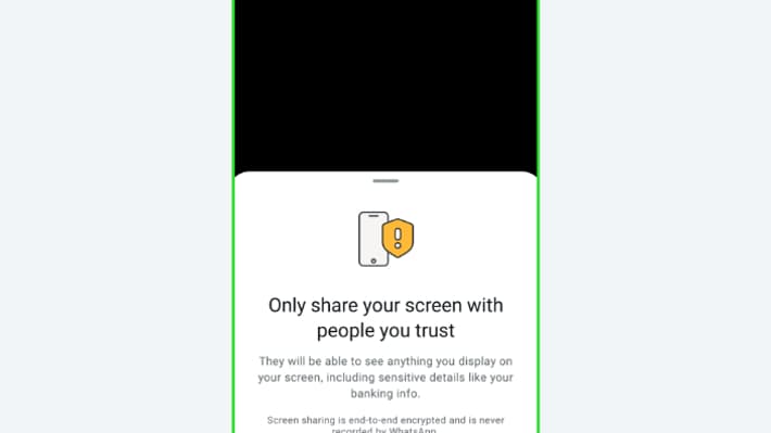 Whatsapp affichera un avertissement lorsqu'un utilisateur s'apprête à partager son écran avec un inconnu.
