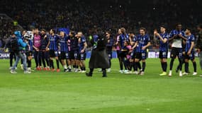 La joie des joueurs de l'Inter Milan après leur qualification pour les demi-finales de la Ligue des champions aux dépens du Bayern Munich (2-2), le 16 avril 2025