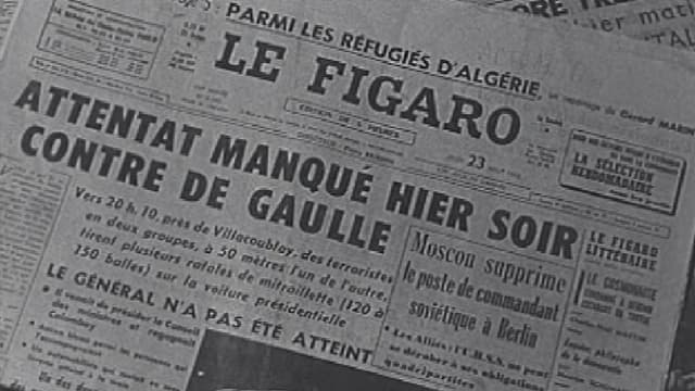 Images d'archives de journaux, au lendemain de l'attentat du Petit-Clamart.