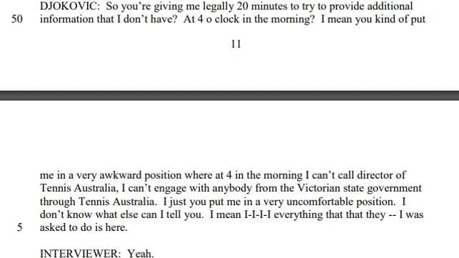 Transcript de l'audition de Novak Djokovic par la police aux frontières australiennes