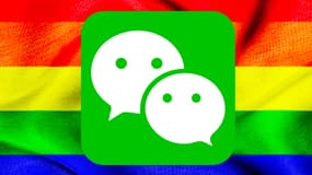 Logo de l'application WeChat sur un drapeau LGBT