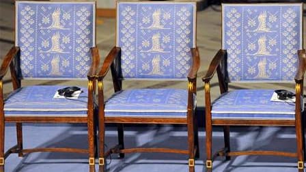 Une chaise vide sans équipement audio symbolisant l'absence de Liu Xiaobo, à Oslo. Le prix Nobel de la paix a été symboliquement remis vendredi à Oslo au dissident chinois, qui le dédie aux "âmes perdues" dans la répression de la révolte de la place Tiana