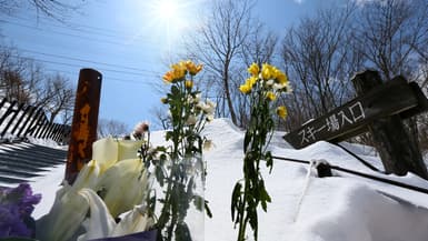 Des fleurs disposés près du site de l'avalanche qui a tué sept élèves et un professeur à Nasu, au Japon, en 2017