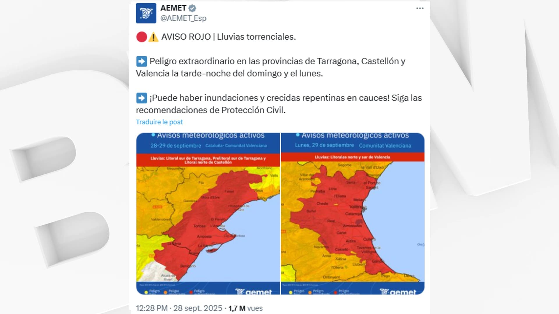 ÉCOLES FERMÉES, 180 LITRES PAR M2 ATTENDUS... LE NORD-EST DE L'ESPAGNE PLACÉ EN ALERTE ROUGE AUX FORTES PLUIE