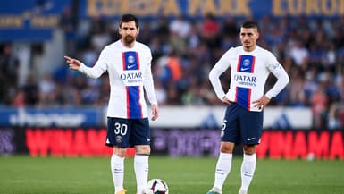 Lionel Messi et Marco Verratti lors du match Strasbourg-PSG (1-1, L1), le 27 mai 2023