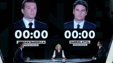 Gabriel Attal et Jordan Bardella sur France 2 le 23 mai 2024.