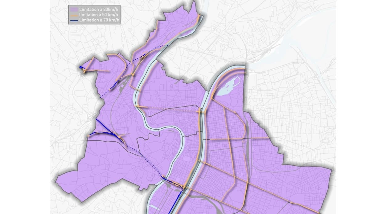 La carte des nouvelles limitations de vitesse à Lyon.