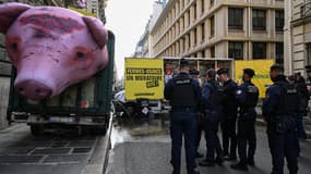 Des policiers interviennent lors d'une action de Greenpeace contre "les fermes-usines" devant le ministère de  l'Agriculture à Paris le 20 novembre 2023