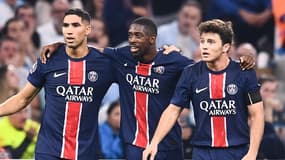 Achraf Hakimi, Ousmane Dembélé et Joao Neves lors de la victoire du PSG au Vélodrome, 27 octobre 2024