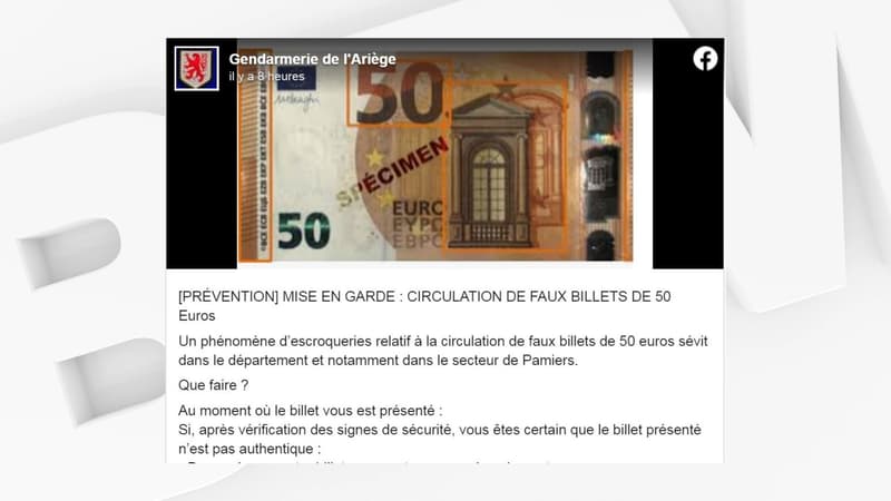 La gendarmerie de l'Ariège a alerté de la circulation de faux billets sur son compte Facebook