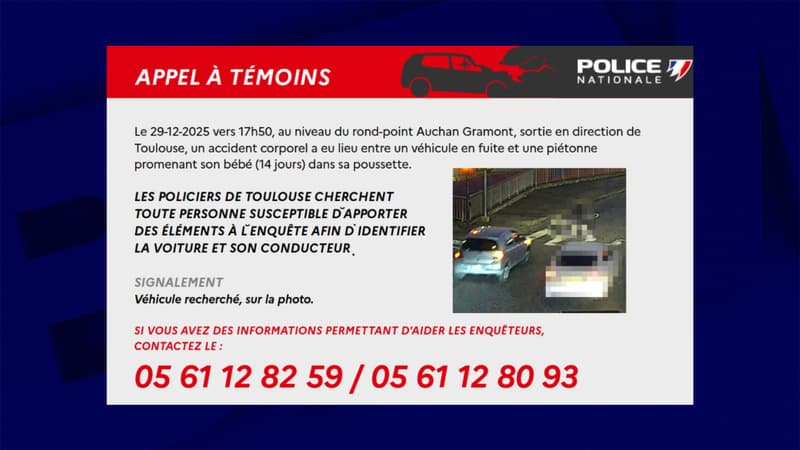 Une femme et son bébé renversés près de Toulouse, un appel à témoins lancé pour retrouver le véhicule en fuite