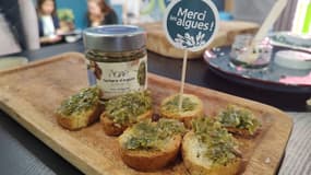 Des toasts au "tartare d'algues" présentés sur le stand de l'association "Merci les algues" lors de la 61ème édition du Salon de l'agriculture, le 28 février 2025 à Paris.